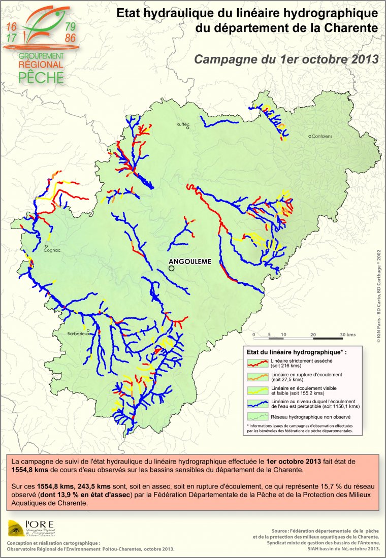Etat hydraulique du linéaire hydrographique du département de la Charente- Campagne du 1er octobre 2013
