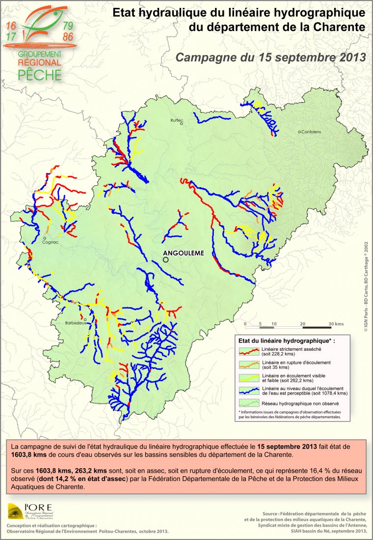 Etat hydraulique du linéaire hydrographique du département de la Charente- Campagne du 15 septembre 2013
