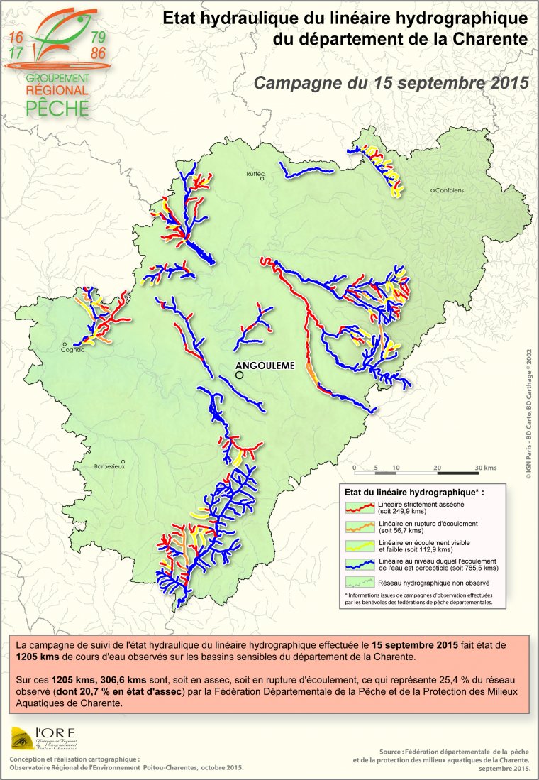 Etat hydraulique du linéaire hydrographique du département de la Charente - Campagne du 15 septembre 2015