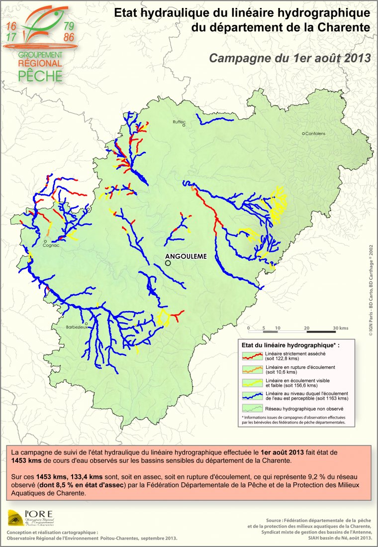 Etat hydraulique du linéaire hydrographique du département de la Charente- Campagne du 1er août 2013