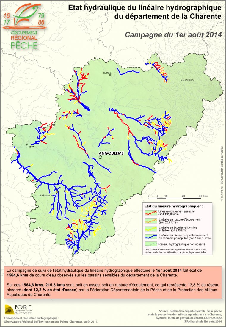 Etat hydraulique du linéaire hydrographique du département de la Charente - Campagne du 1er août 2014