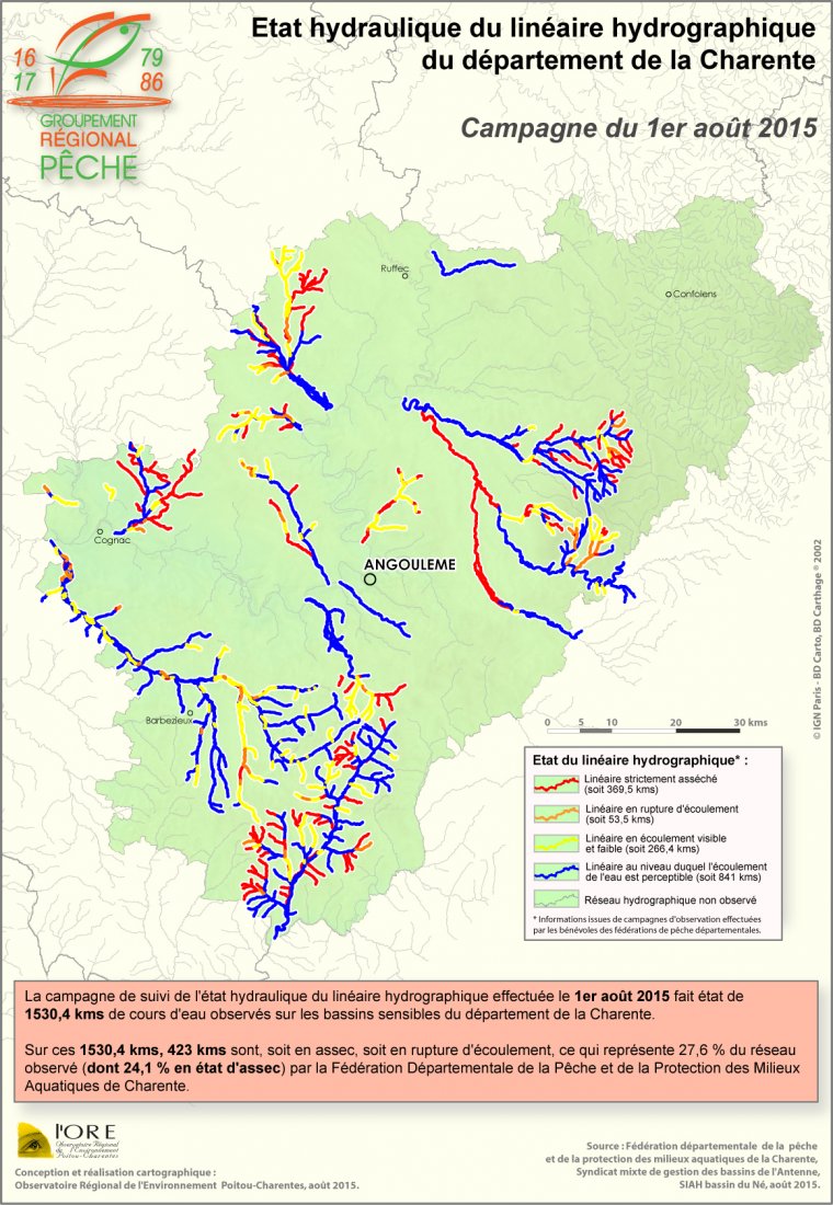 Etat hydraulique du linéaire hydrographique du département de la Charente - Campagne du 1er août 2015