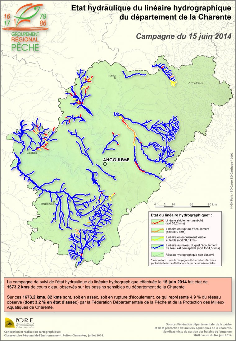 Etat hydraulique du linéaire hydrographique du département de la Charente - Campagne du 15 juin 2014