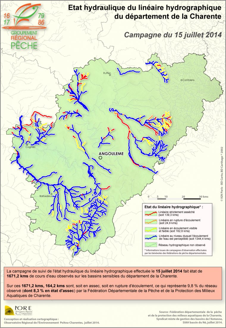 Etat hydraulique du linéaire hydrographique du département de la Charente - Campagne du 15 juillet 2014