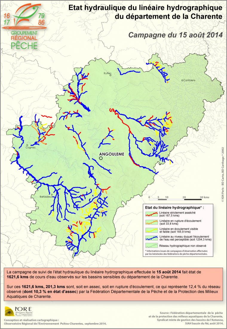 Etat hydraulique du linéaire hydrographique du département de la Charente - Campagne du 15 août 2014