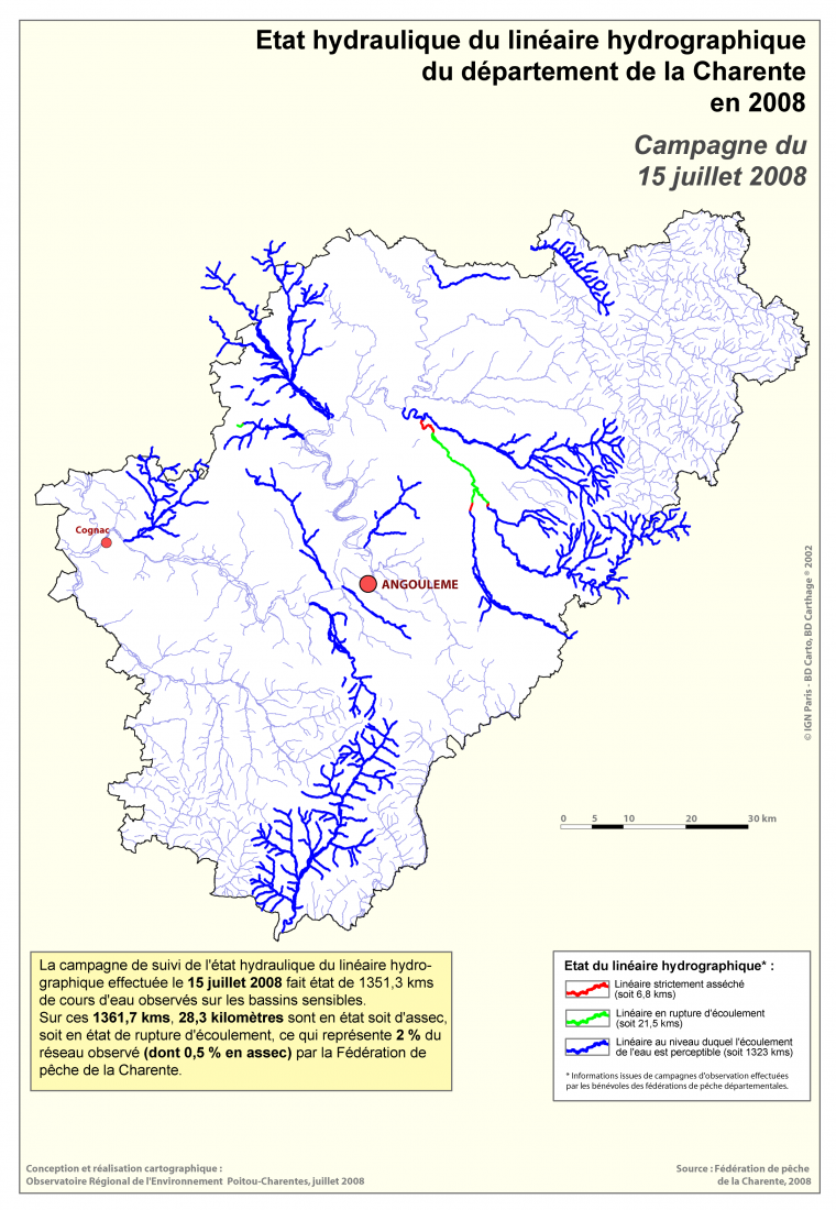 Etat hydraulique du linéaire hydrographique du département de la Charente, campagne du 15 juillet 2008