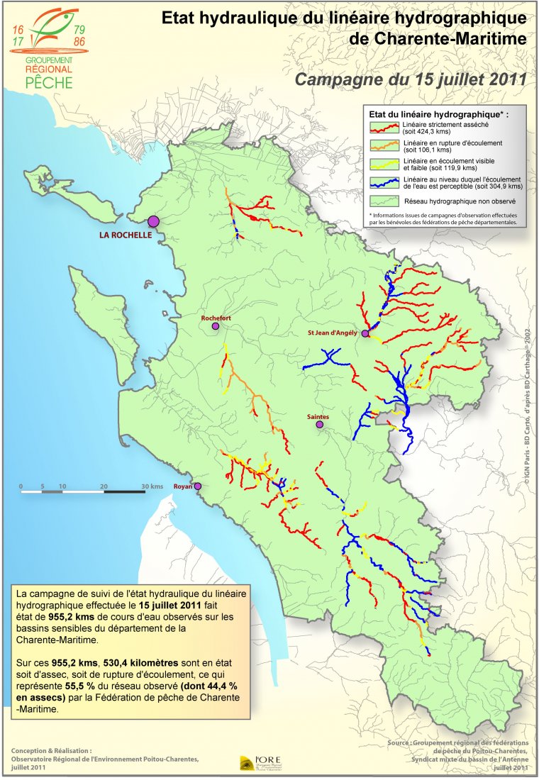 Etat hydraulique du linéaire hydrographique du département de la Charente-Maritime - Campagne du 15 juillet 2011