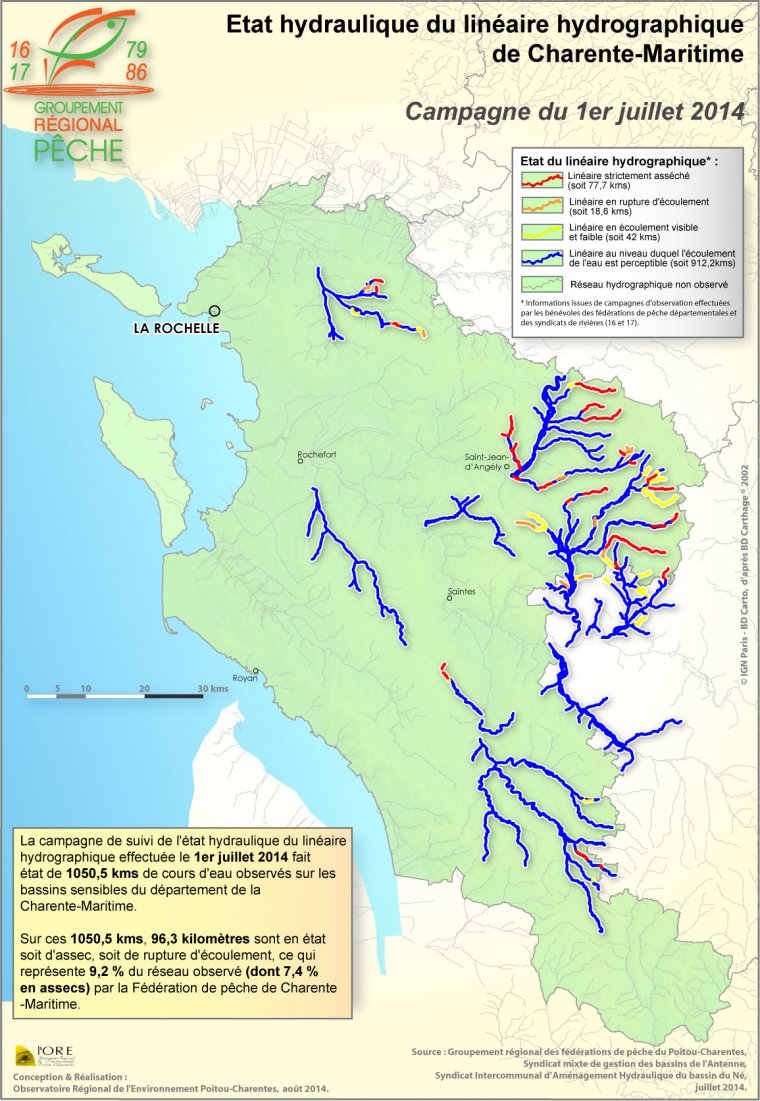 Etat hydraulique du linéaire hydrographique du département de la Charente-Maritime - Campagne du 1er juillet 2014