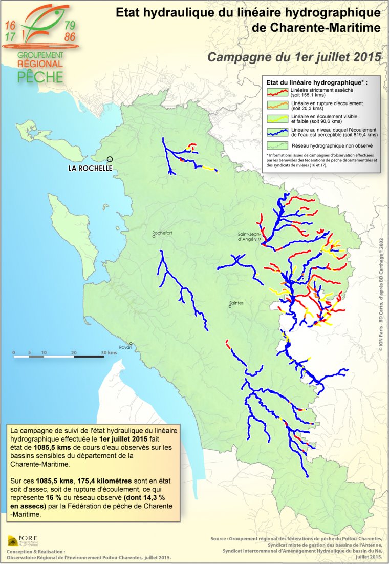 Etat hydraulique du linéaire hydrographique du département de la Charente-Maritime - Campagne du 1er juillet 2015