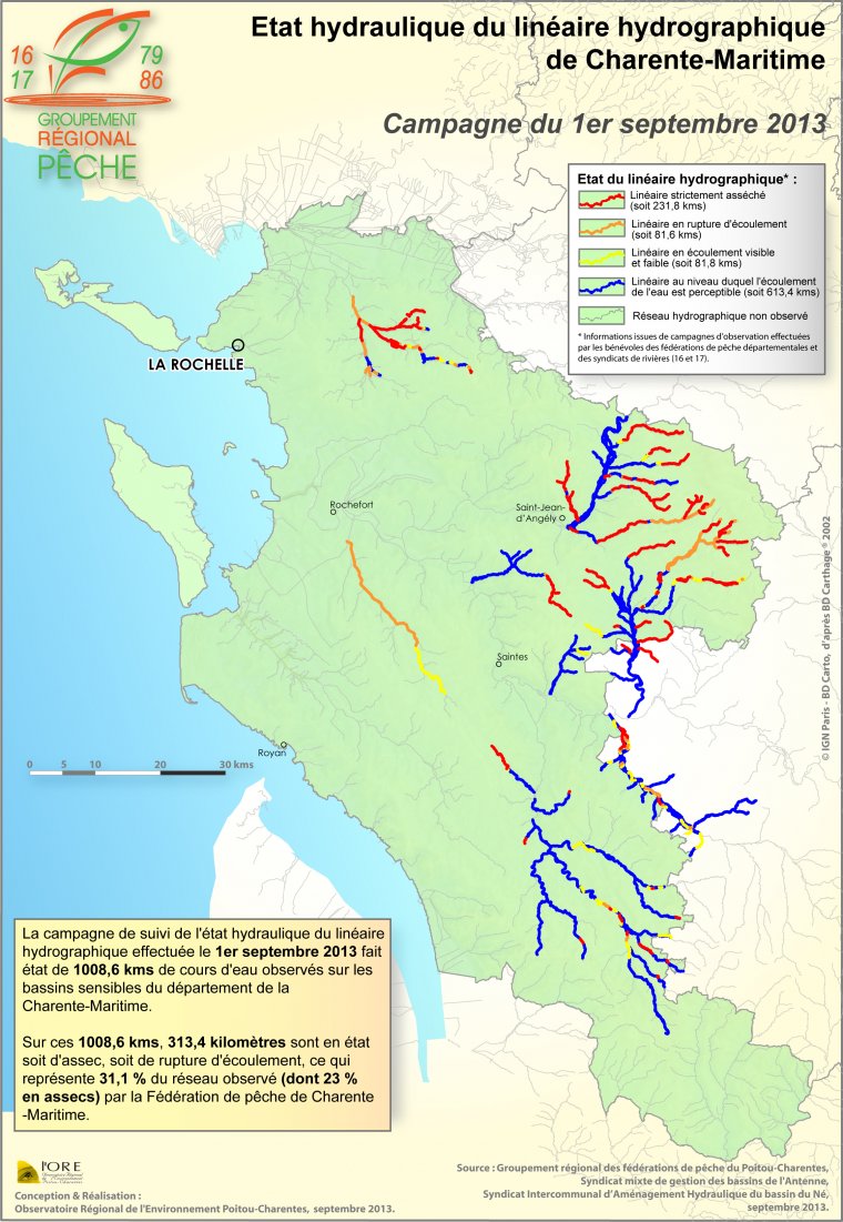 Etat hydraulique du linéaire hydrographique du département de la Charente-Maritime - Campagne du 1er septembre 2013