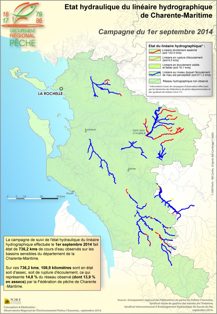 Etat hydraulique du linéaire hydrographique du département de la Charente-Maritime - Campagne du 1er septembre 2014
