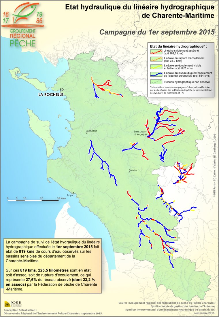 Etat hydraulique du linéaire hydrographique du département de la Charente-Maritime - Campagne du 1er septembre 2015