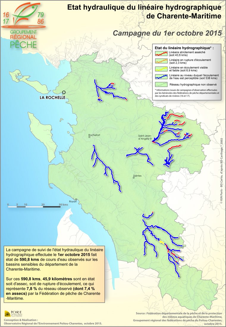 Etat hydraulique du linéaire hydrographique du département de la Charente-Maritime - Campagne du 1er octobre 2015