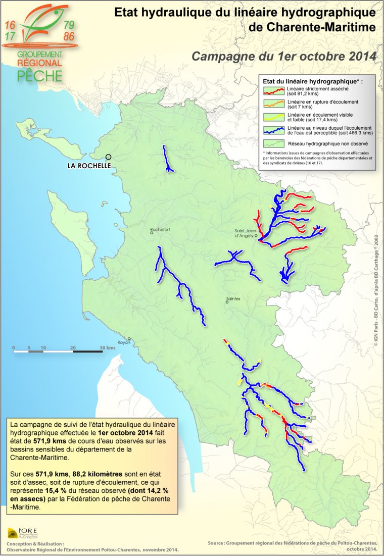 Etat hydraulique du linéaire hydrographique du département de la Charente-Maritime - Campagne du 1er octobre 2014
