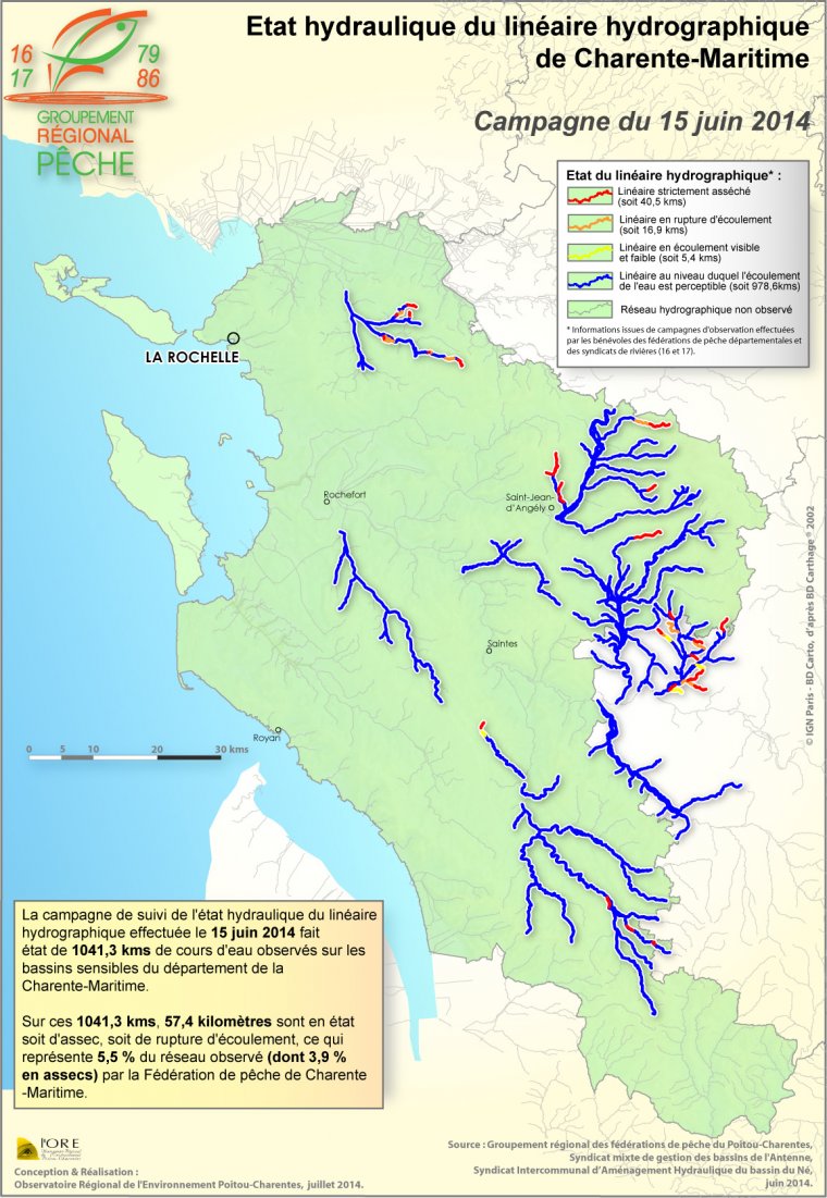 Etat hydraulique du linéaire hydrographique du département de la Charente-Maritime - Campagne du 15 juin 2014
