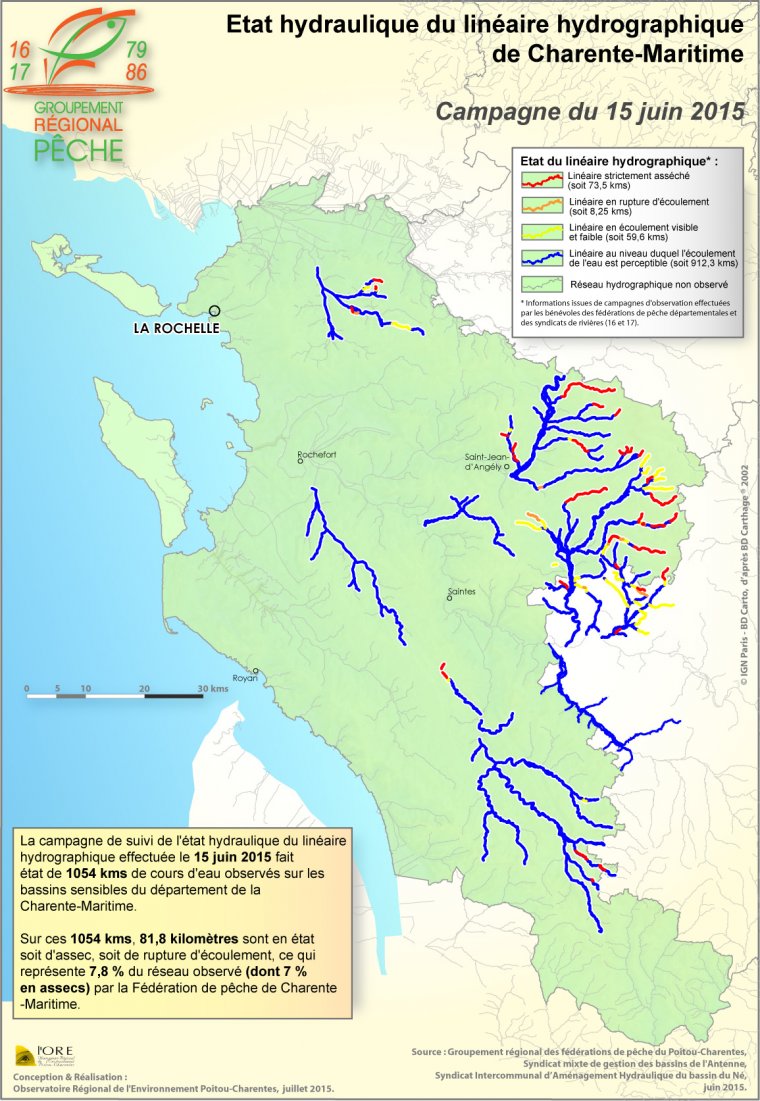 Etat hydraulique du linéaire hydrographique du département de la Charente-Maritime - Campagne du 1er juillet 2015.