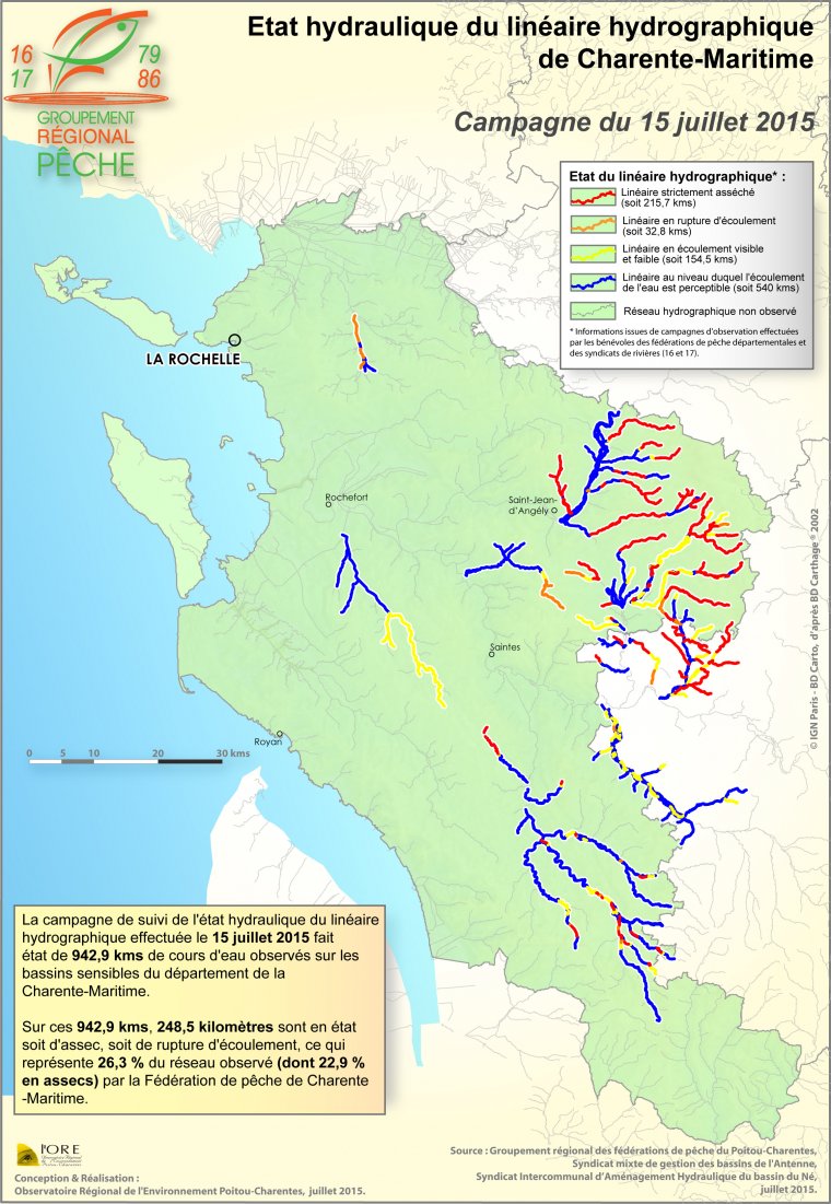 Etat hydraulique du linéaire hydrographique du département de la Charente-Maritime - Campagne du 15 juillet 2015