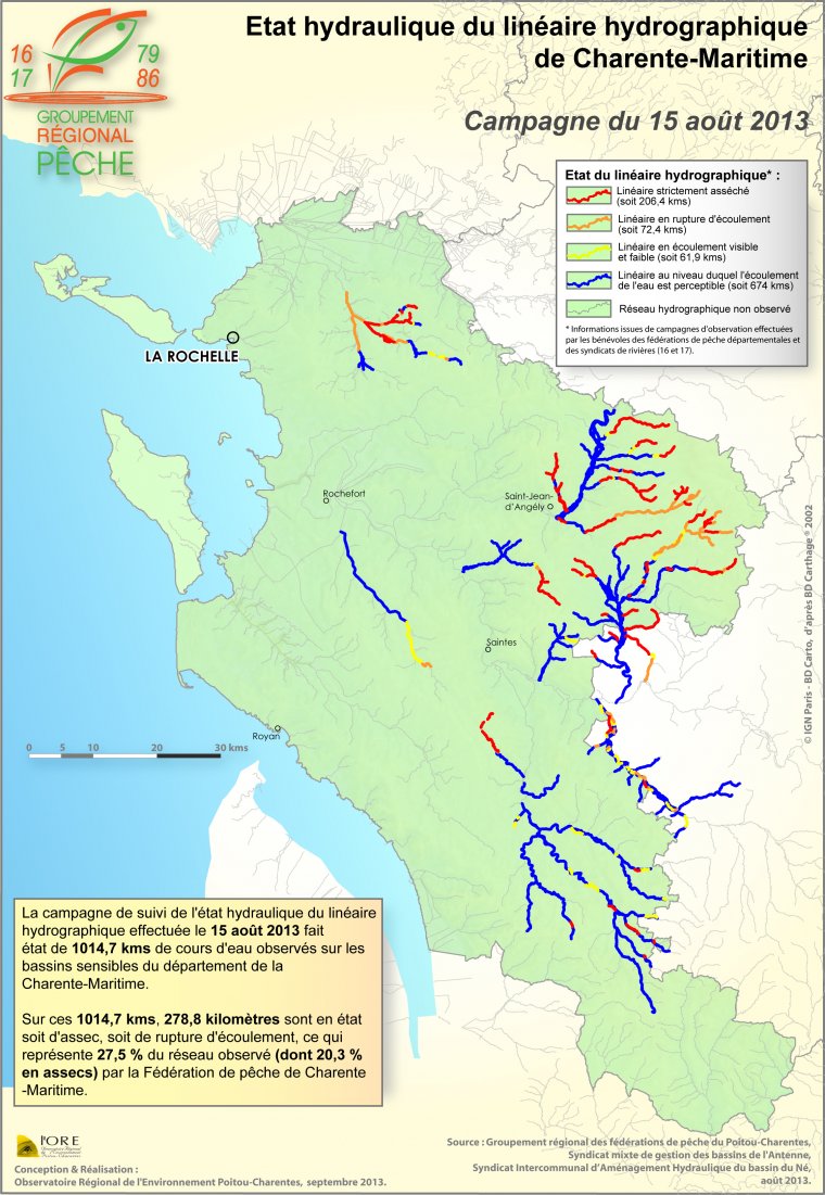 Etat hydraulique du linéaire hydrographique du département de la Charente-Maritime - Campagne du 15 août 2013