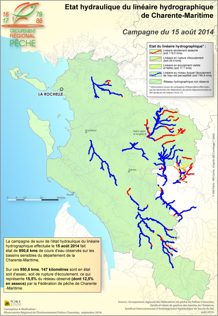 Etat hydraulique du linéaire hydrographique du département de la Charente-Maritime - Campagne du 15 août 2014
