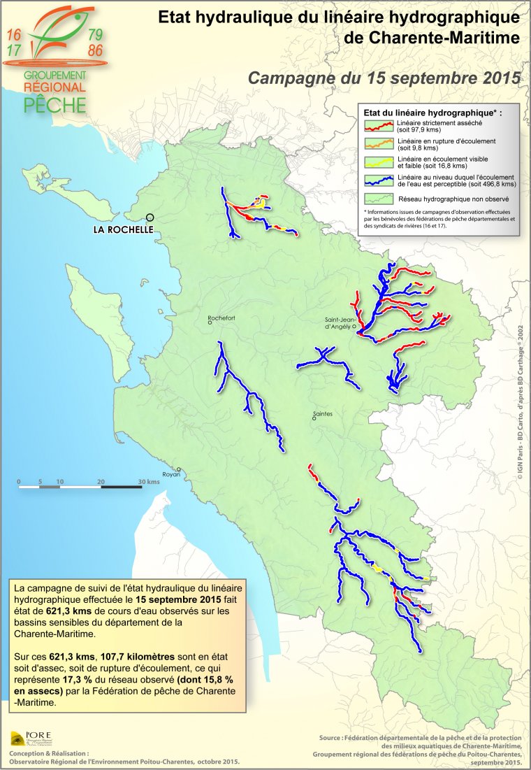 Etat hydraulique du linéaire hydrographique du département de la Charente-Maritime - Campagne du 15 septembre 2015