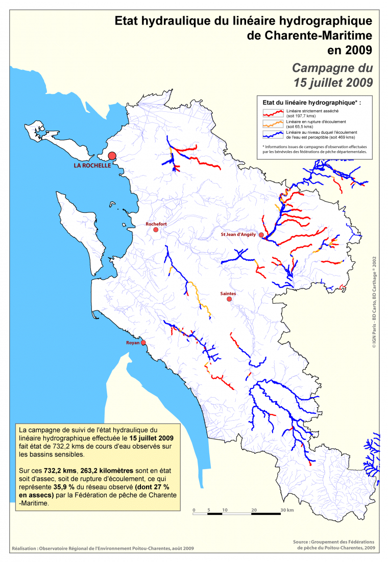 Etat hydraulique du linéaire hydrographique de Charente-Maritime - Campagne du 15 juillet 2009