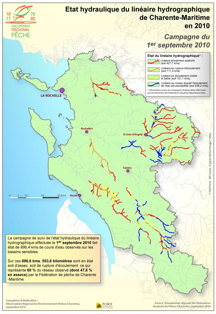 Etat hydraulique du linéaire hydrographique du département de la Charente-Maritime - Campagne du 1er septembre 2010