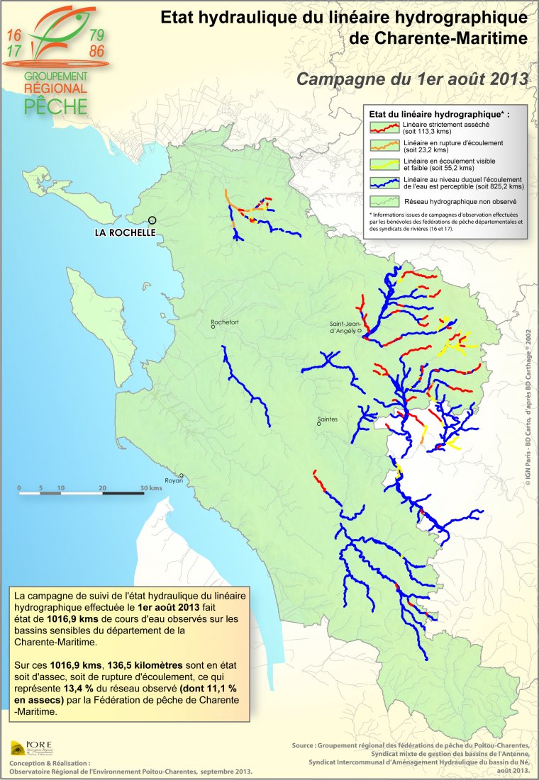Etat hydraulique du linéaire hydrographique du département de la Charente-Maritime - Campagne du 1er août 2013