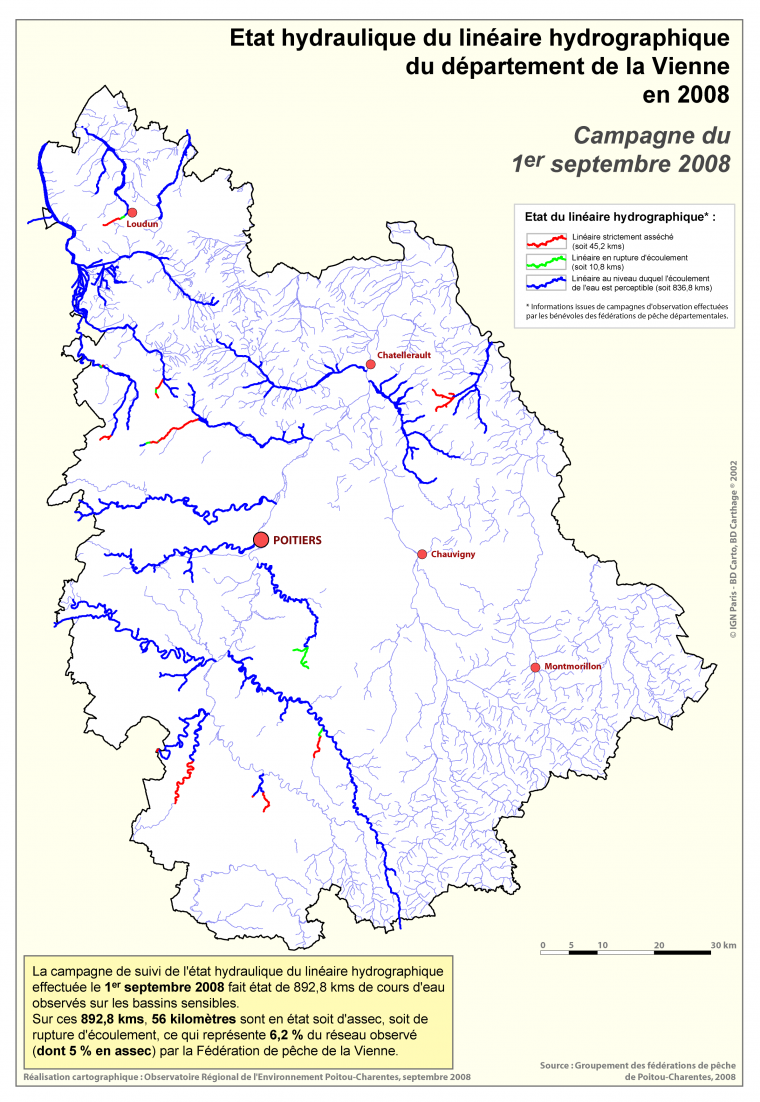 Etat hydraulique du linéaire hydrographique du département de la Vienne, campagne du 1er septembre 2008