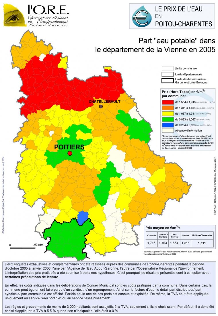 La part "eau potable" dans le prix total de la facture d'eau dans le département de la Vienne en 2005