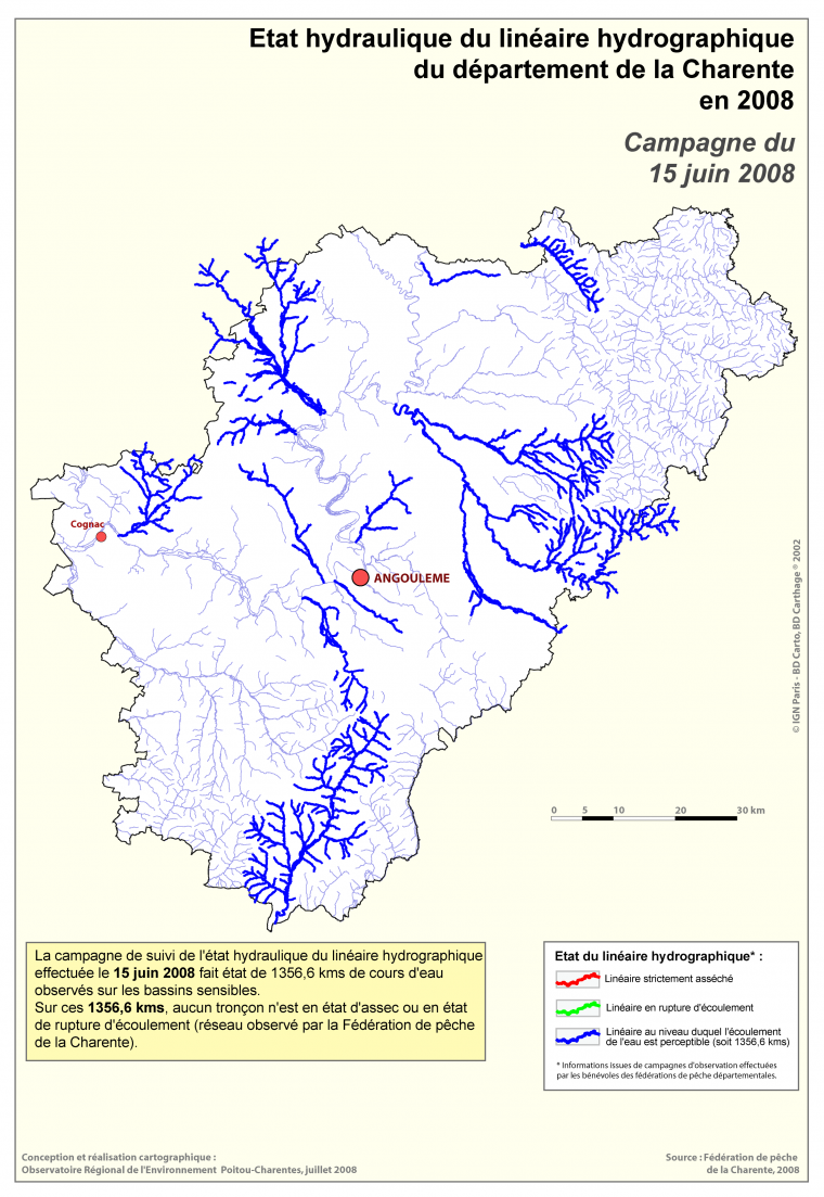 Etat hydraulique du linéaire hydrographique du département de la Charente, campagne du 15 juin 2008