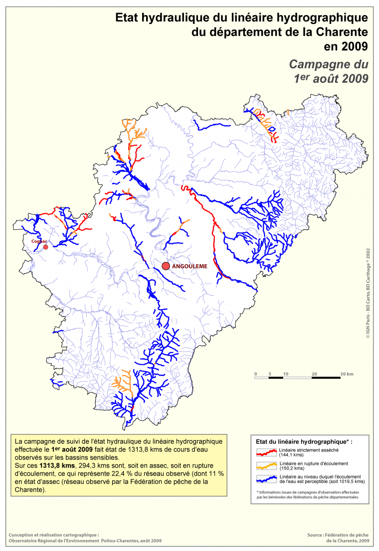 Etat hydraulique du linéaire hydrographique du département de la Charente - Campagne du 1er août 2009