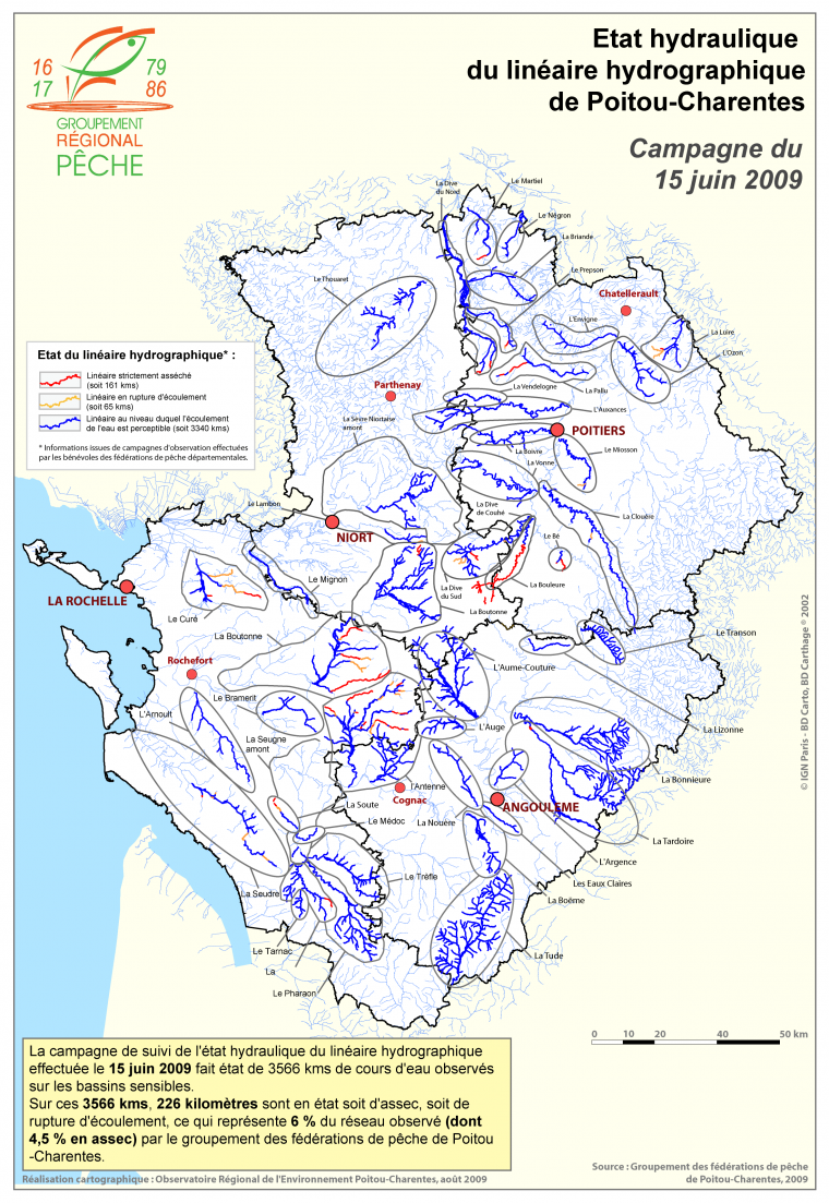 Etat hydraulique du linéaire hydrographique de la région Poitou-Charentes au 15 juin 2009