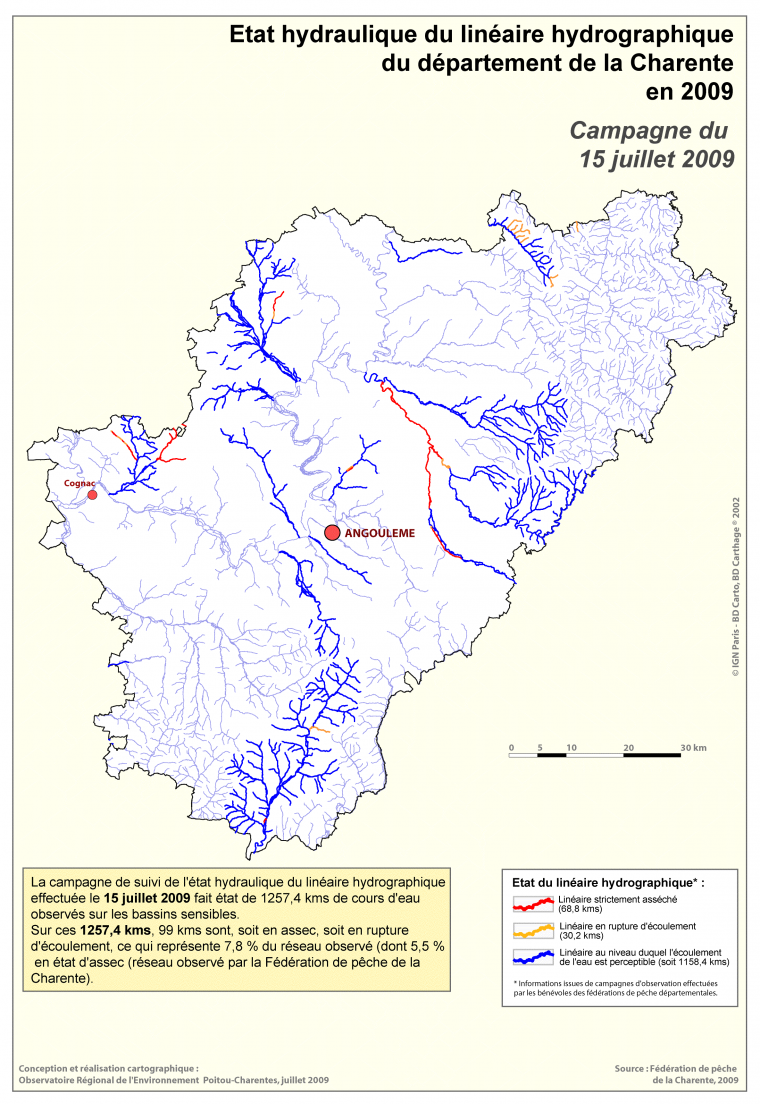 Etat hydraulique du linéaire hydrographique du département de la Charente au 15 juillet 2009
