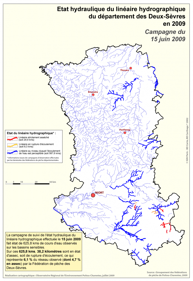 Etat hydraulique du linéaire hydrographique du département des Deux-Sèvres au 15 juin 2009