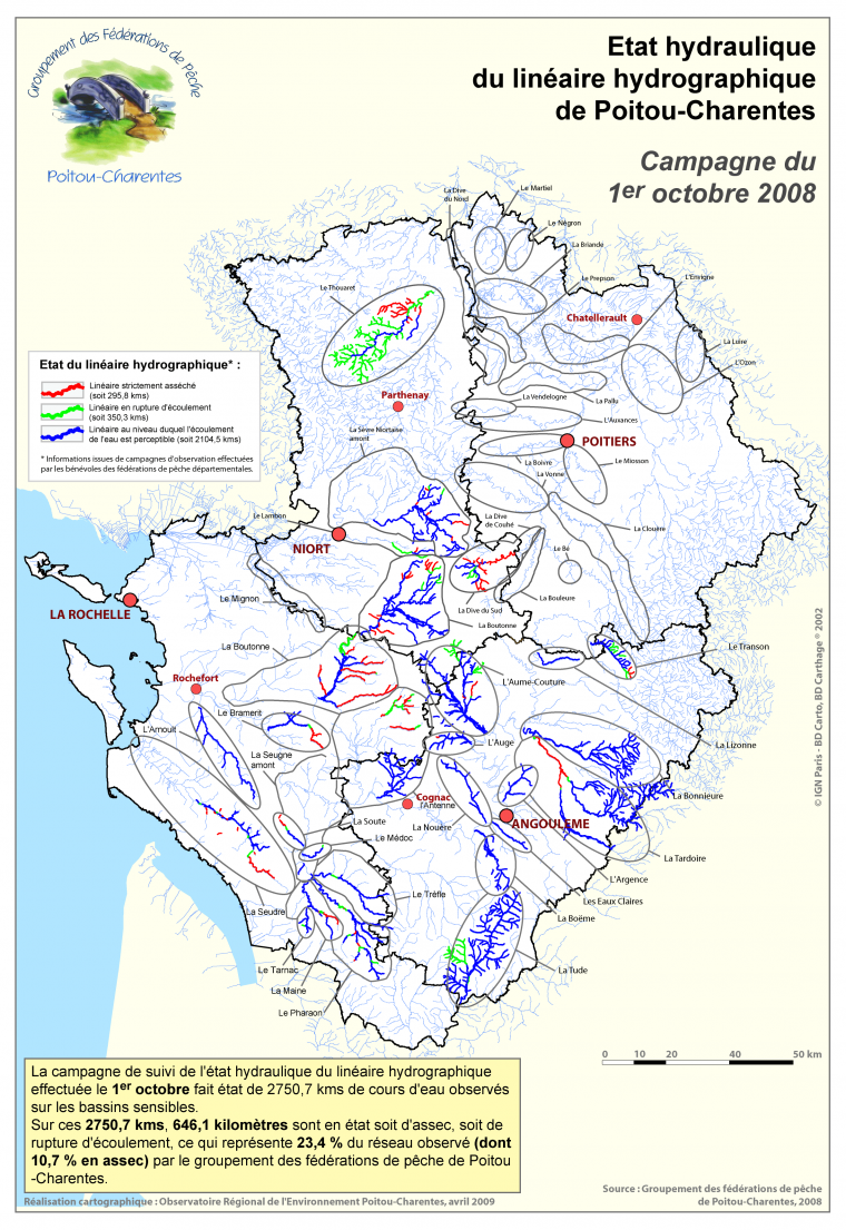 Etat hydraulique du linéaire hydrographique de Poitou-Charentes - Campagne du 1er octobre 2008