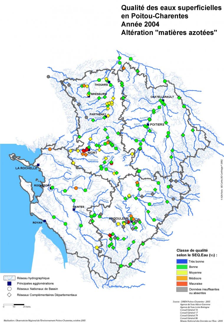 Qualité des eaux superficielles, altération "matières azotées", en Poitou-Charentes en 2004
