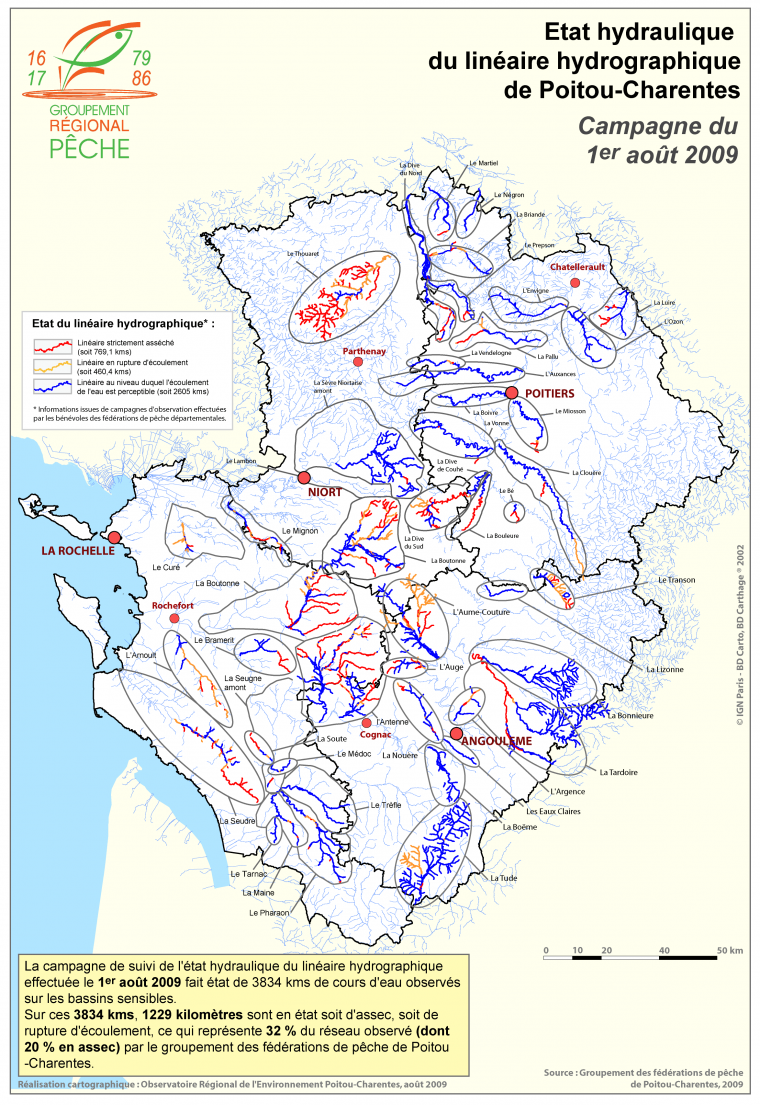 Etat hydraulique du linéaire hydrographique de la région Poitou-Charentes - Campagne du 1er août 2009