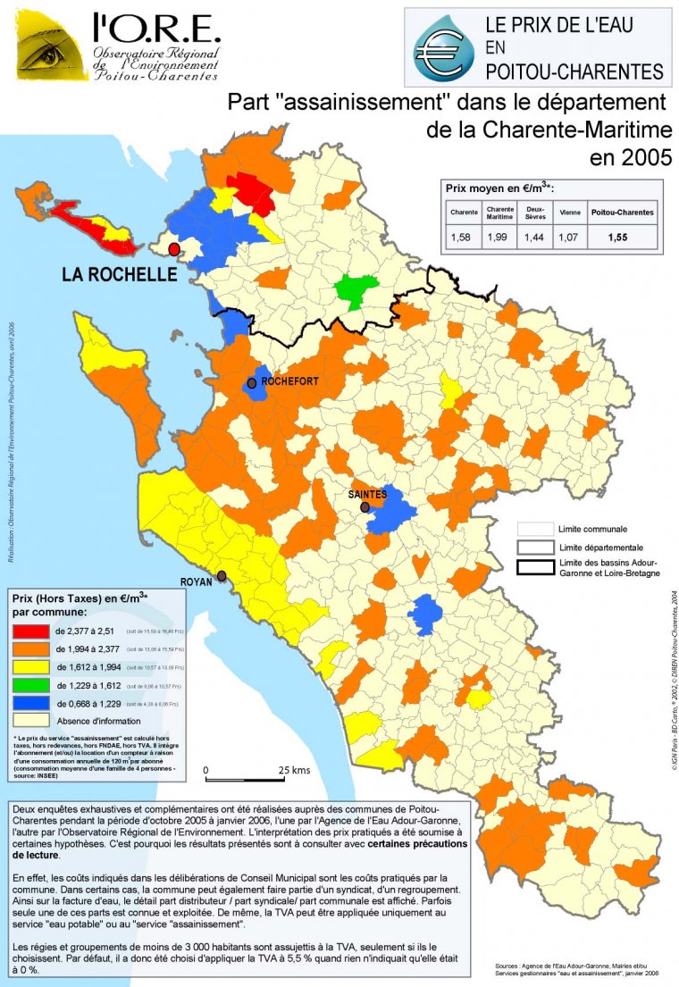 La part "assainissement" dans le prix total de la facture d'eau dans le département de la Charente-Maritime en 2005