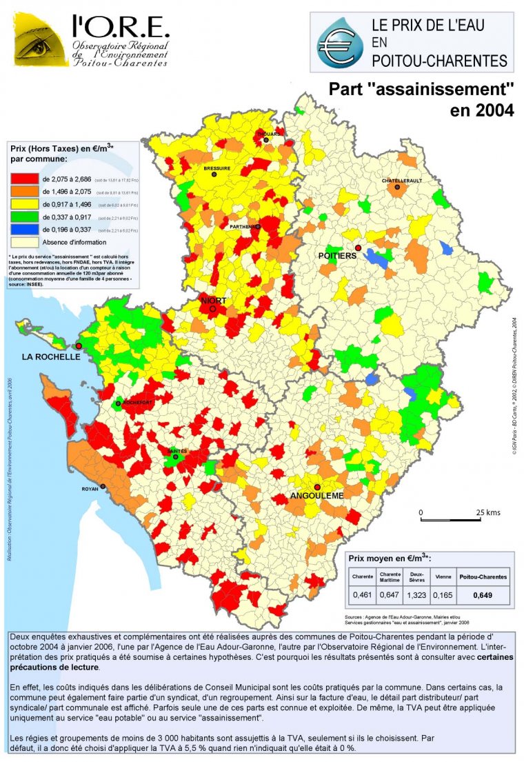 La part "assainissement" dans le prix total de la facture d'eau dans la région Poitou-Charentes en 2004
