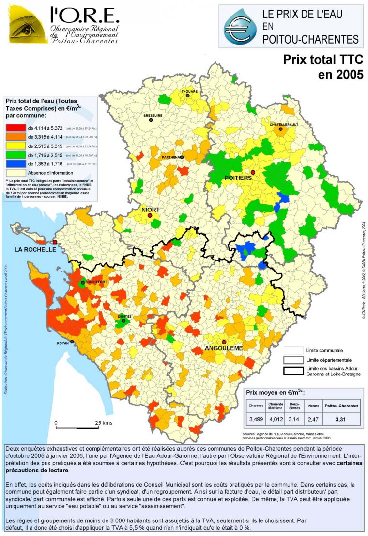 Prix total de la facture d'eau (ttc) en Poitou-Charentes en 2005