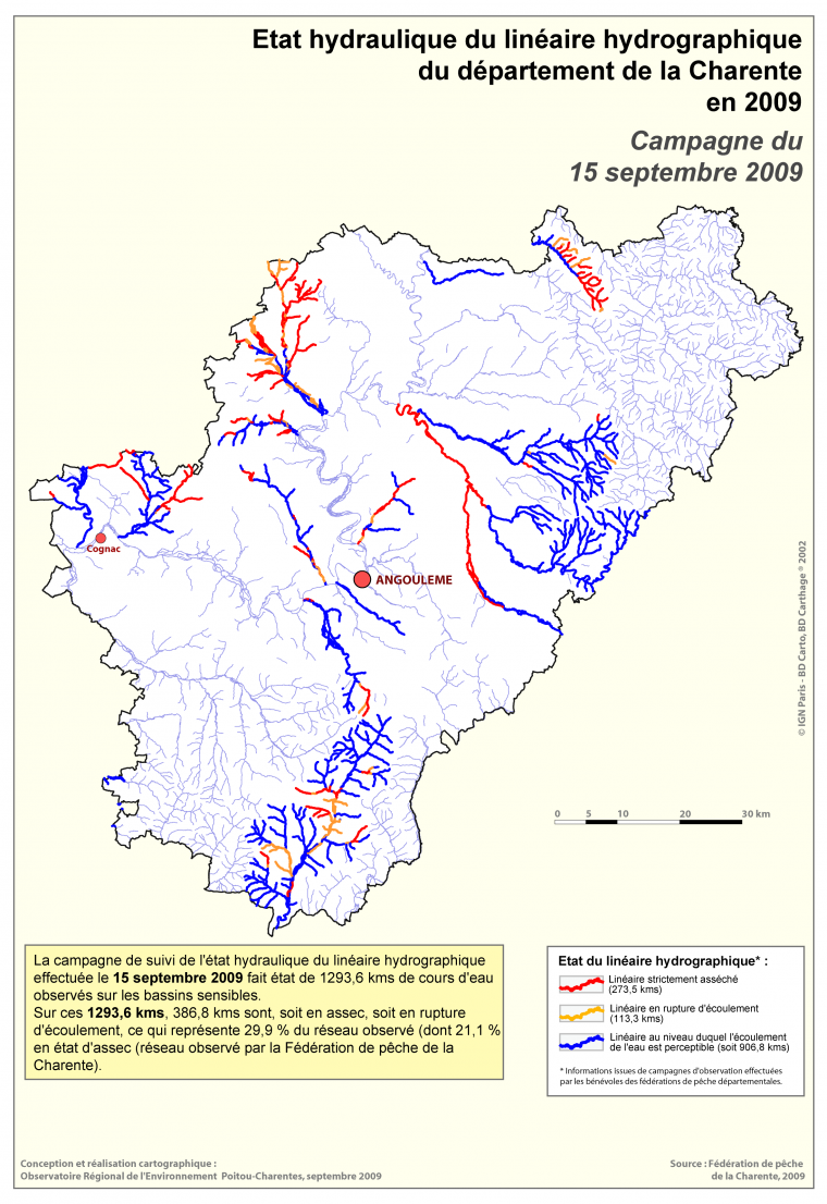 Etat hydraulique du linéaire hydrographique du département de la Charente - Campagne du 15 septembre 2009