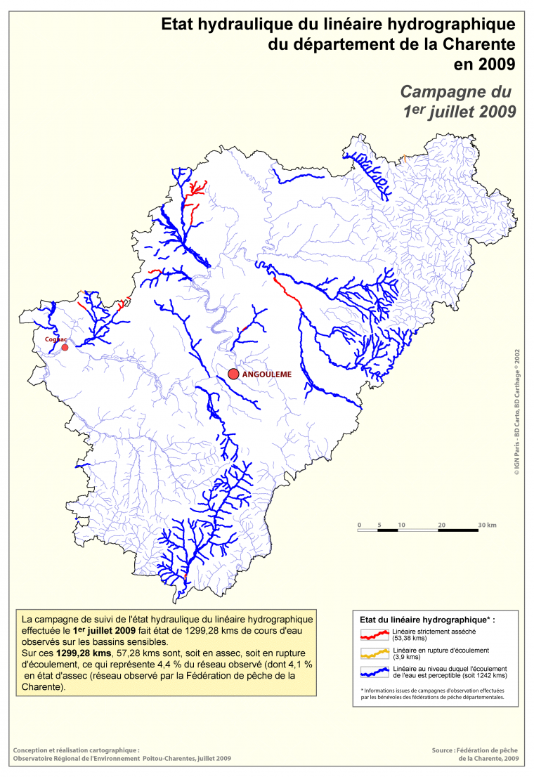 Etat hydraulique du linéaire hydrographique du département de la Charente au 1er juillet 2009