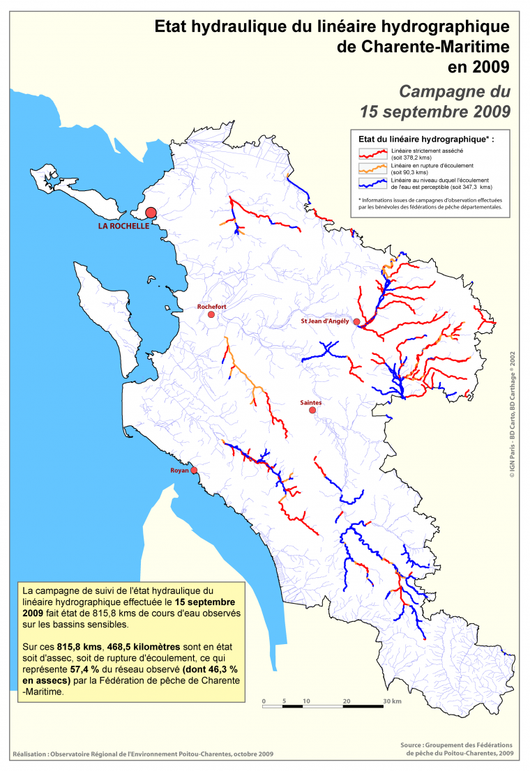 Etat hydraulique du linéaire hydrographique du département de la Charente-Maritime - Campagne du 15 septembre 2009