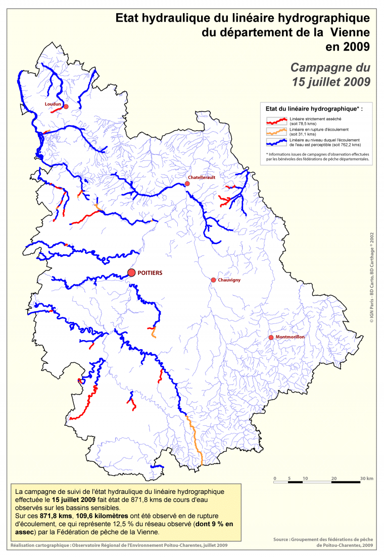 Etat hydraulique du linéaire hydrographique du département de la Vienne au 15 juillet 2009