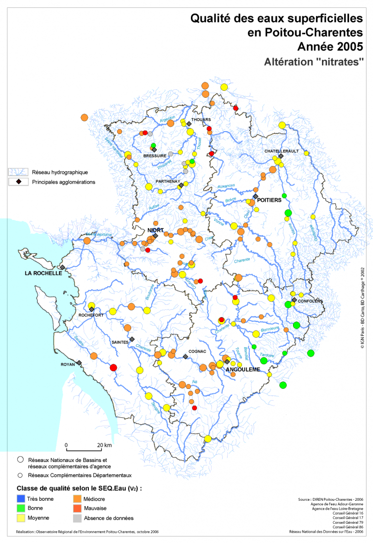 Qualité des eaux superficielles, altération "nitrates" en Poitou-Charentes, en 2005
