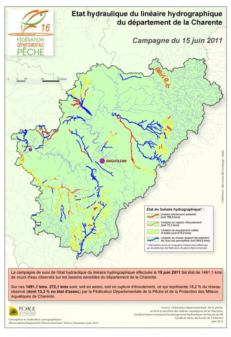 Etat hydraulique du linéaire hydrographique du département de la Charente - Campagne du 15 juin 2011
