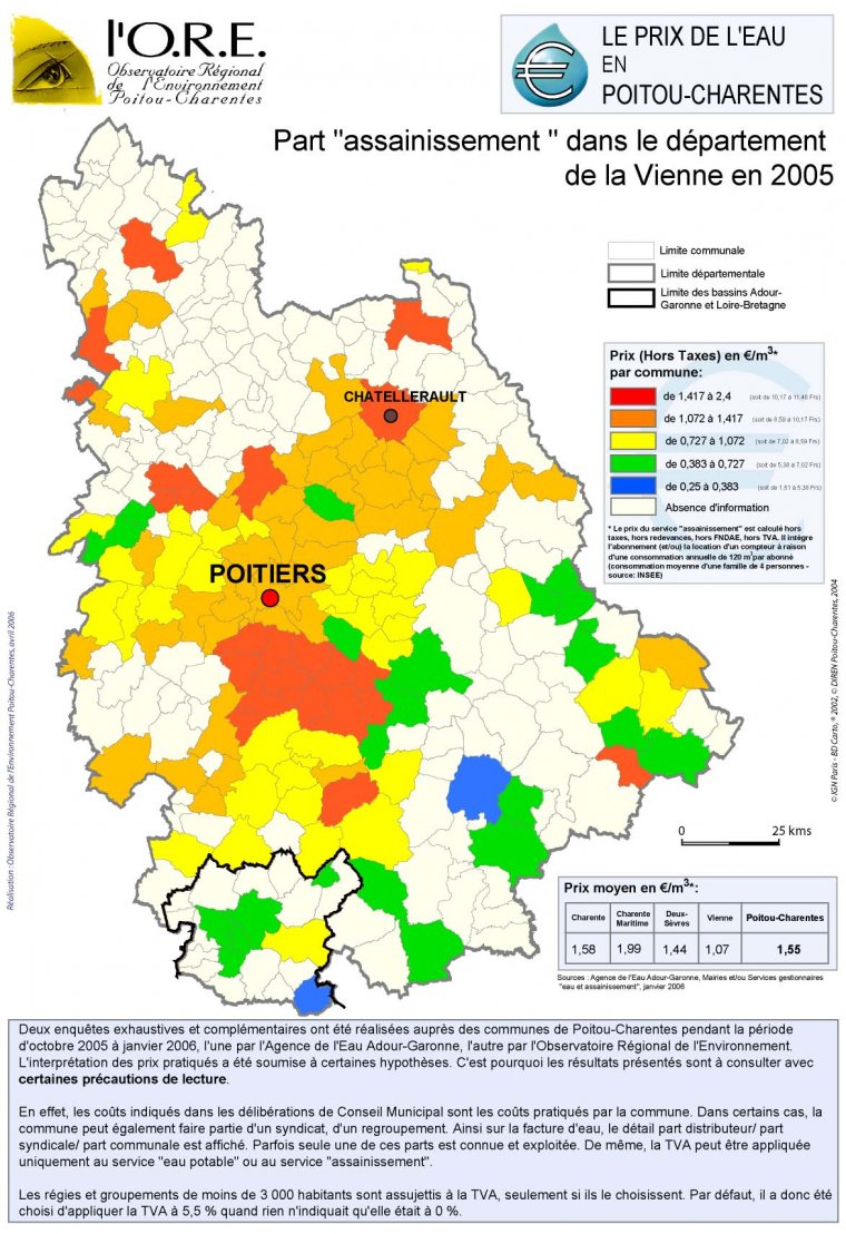 La part "assainissement" dans le prix total de la facture d'eau dans le département de la Vienne en 2005