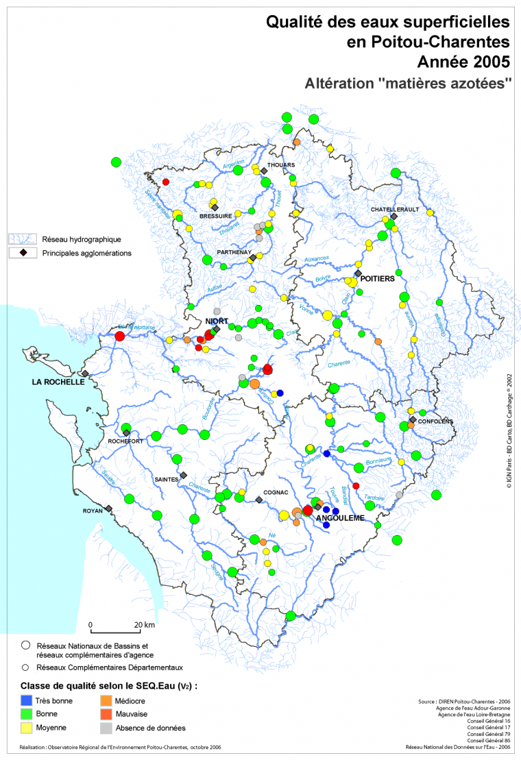 Qualité des eaux superficielles, altération "matières azotées"en Poitou-Charentes en 2005