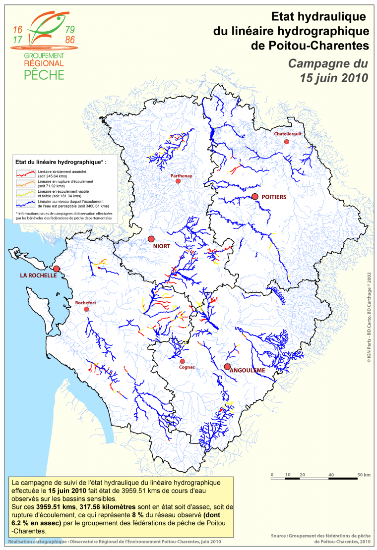 Etat hydraulique du linéaire hydrographique de la région Poitou-Charentes en 2010 - Campagne du 15 juin 2010