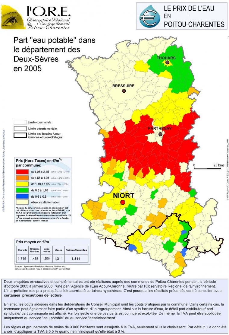 La part "eau potable" dans le prix total de la facture d'eau dans le département des Deux-Sèvres en 2005